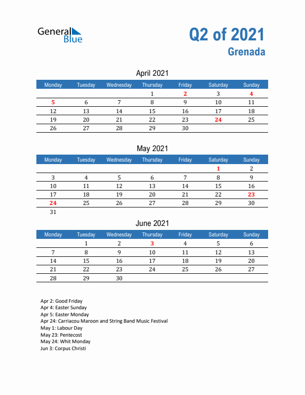 Grenada Q2 2021 Quarterly Calendar with Monday Start