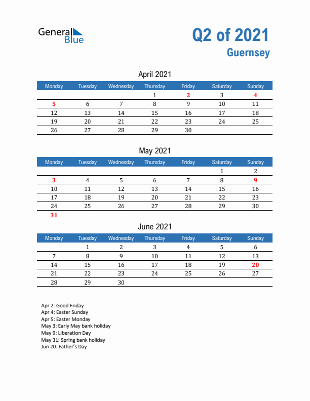 Guernsey Q2 2021 Quarterly Calendar with Monday Start