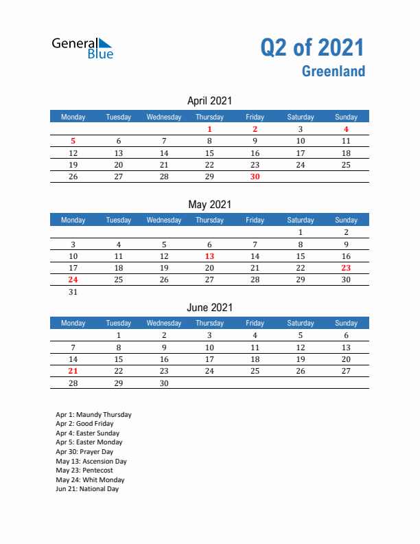 Greenland Q2 2021 Quarterly Calendar with Monday Start