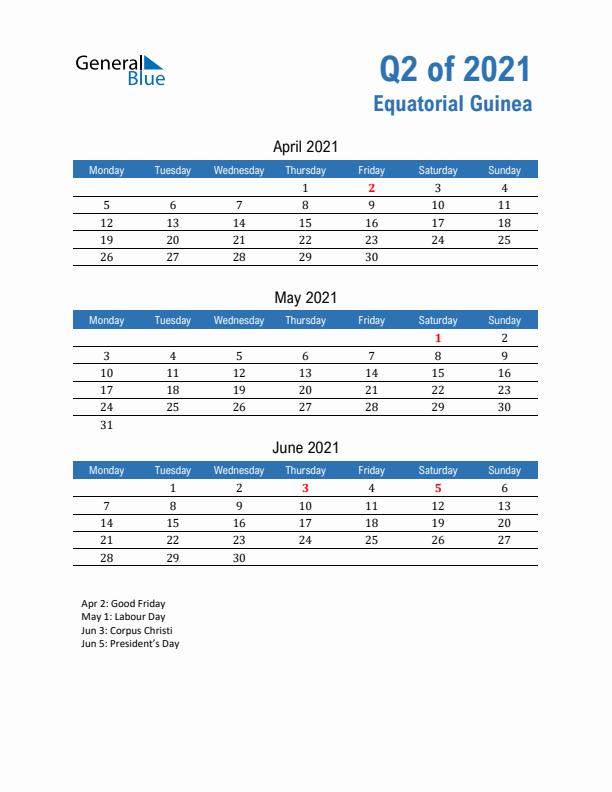 Equatorial Guinea Q2 2021 Quarterly Calendar with Monday Start