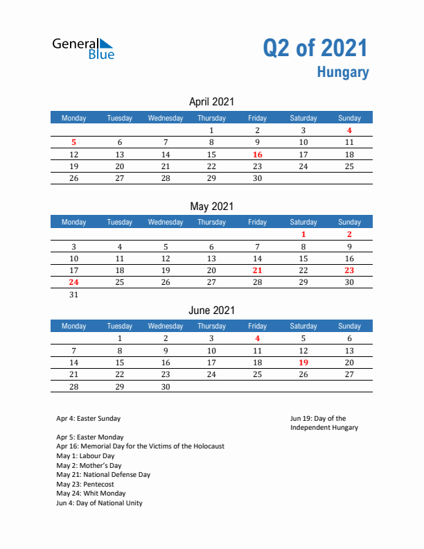 Hungary Q2 2021 Quarterly Calendar with Monday Start