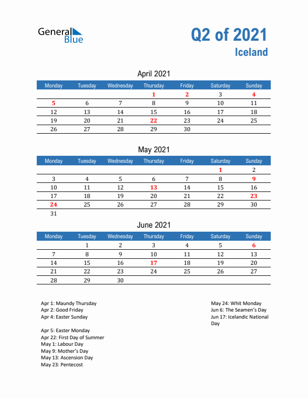 Iceland Q2 2021 Quarterly Calendar with Monday Start