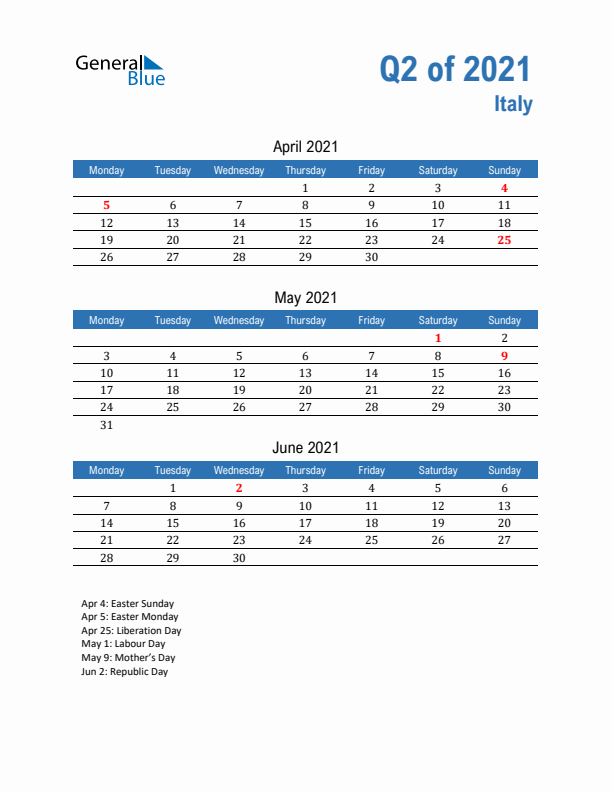 Italy Q2 2021 Quarterly Calendar with Monday Start