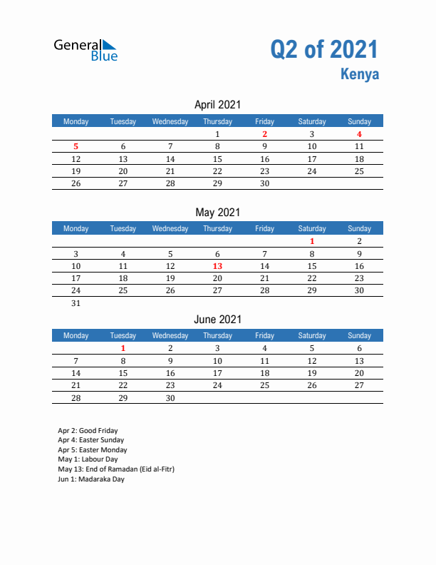 Kenya Q2 2021 Quarterly Calendar with Monday Start