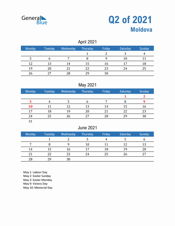 Moldova Q2 2021 Quarterly Calendar with Monday Start