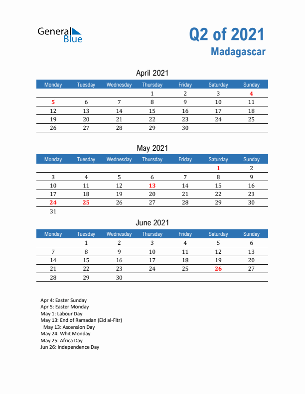 Madagascar Q2 2021 Quarterly Calendar with Monday Start