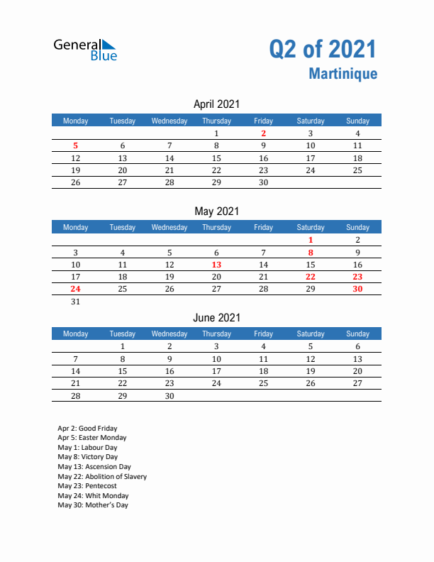 Martinique Q2 2021 Quarterly Calendar with Monday Start