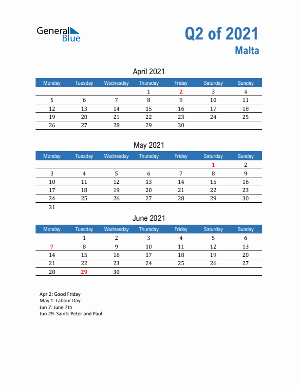 Malta Q2 2021 Quarterly Calendar with Monday Start