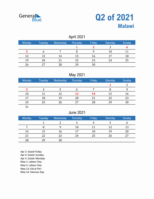 Malawi Q2 2021 Quarterly Calendar with Monday Start