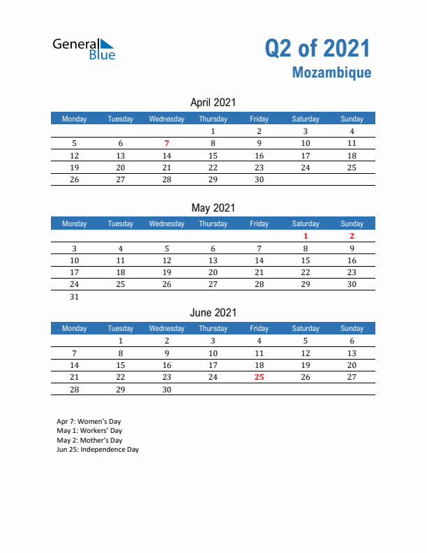 Mozambique Q2 2021 Quarterly Calendar with Monday Start