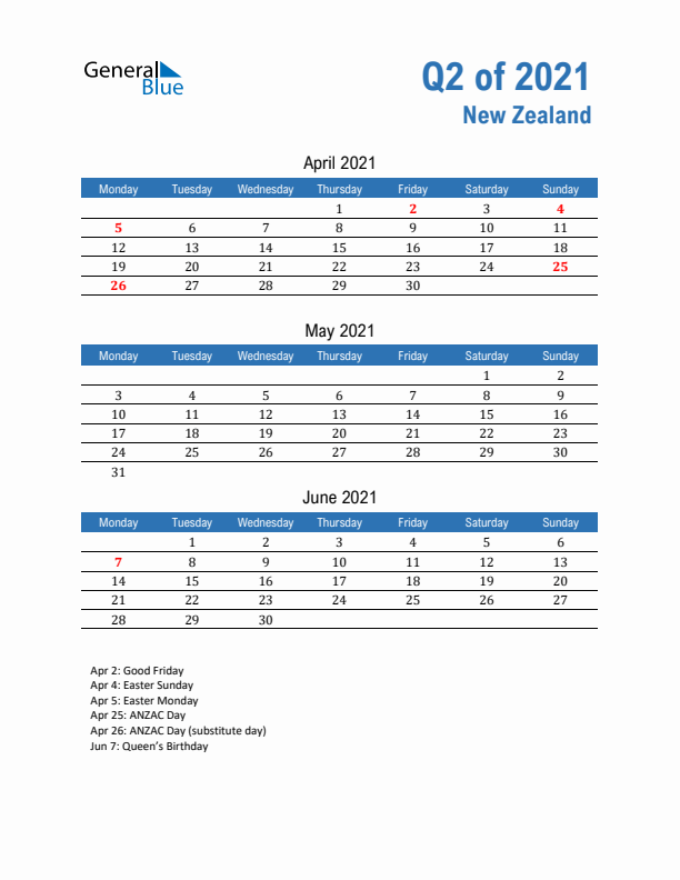 New Zealand Q2 2021 Quarterly Calendar with Monday Start