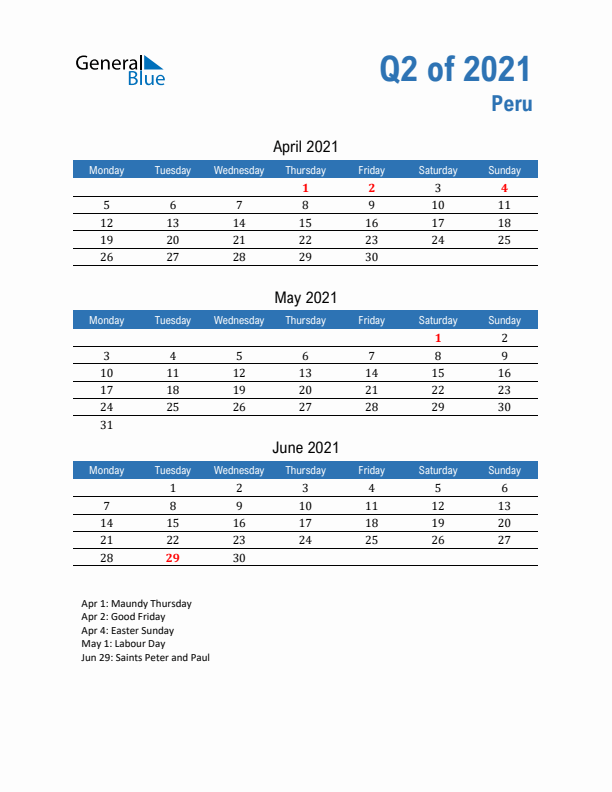 Peru Q2 2021 Quarterly Calendar with Monday Start