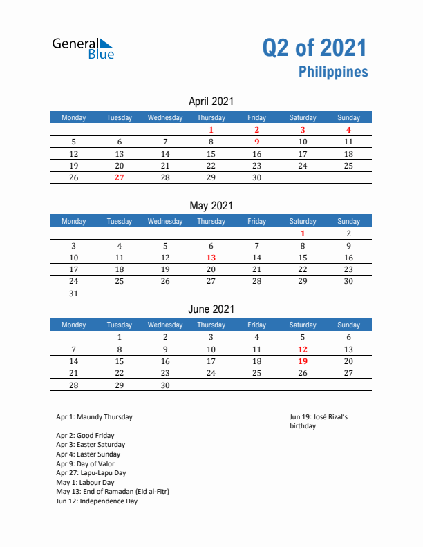 Philippines Q2 2021 Quarterly Calendar with Monday Start