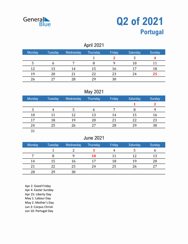 Portugal Q2 2021 Quarterly Calendar with Monday Start