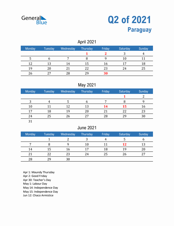 Paraguay Q2 2021 Quarterly Calendar with Monday Start