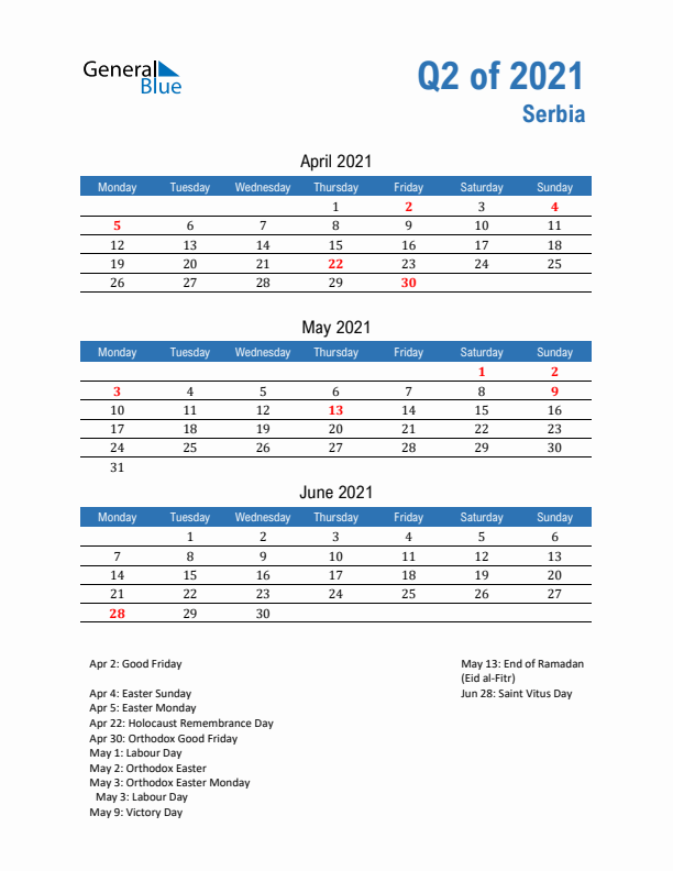 Serbia Q2 2021 Quarterly Calendar with Monday Start