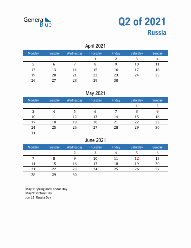 Russia Q2 2021 Quarterly Calendar with Monday Start