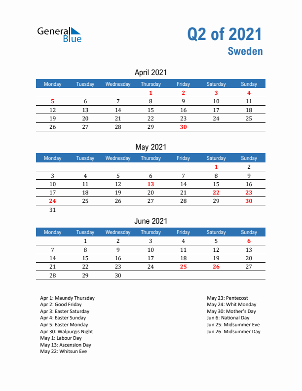 Sweden Q2 2021 Quarterly Calendar with Monday Start