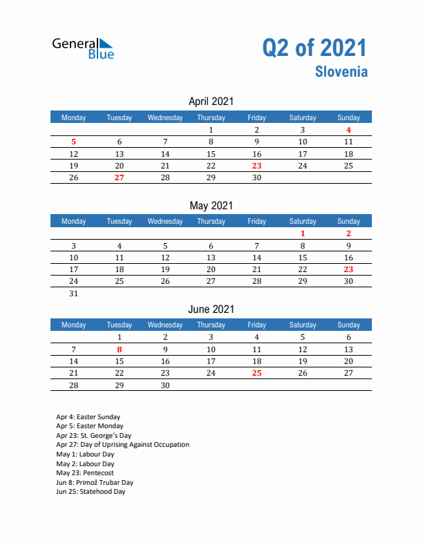 Slovenia Q2 2021 Quarterly Calendar with Monday Start