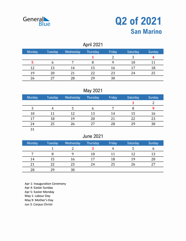 San Marino Q2 2021 Quarterly Calendar with Monday Start