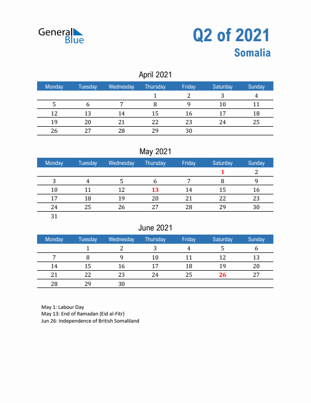 Somalia Q2 2021 Quarterly Calendar with Monday Start