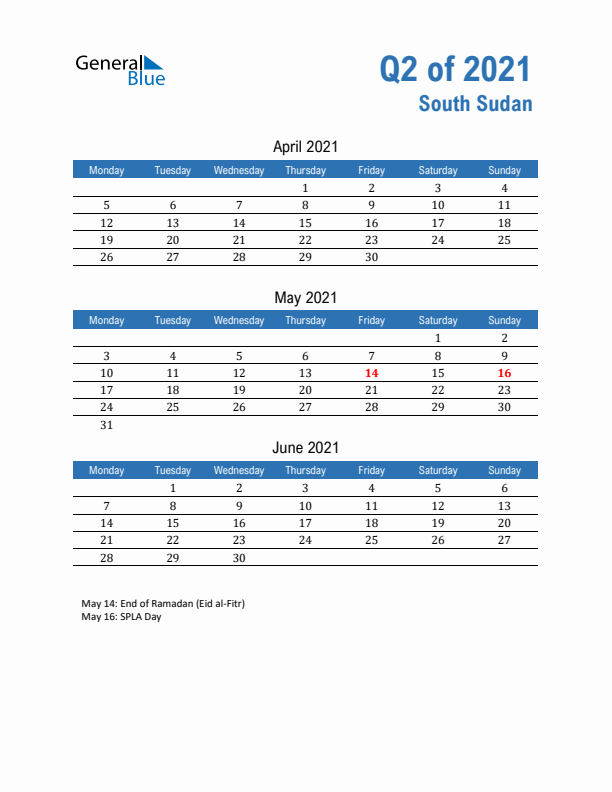 South Sudan Q2 2021 Quarterly Calendar with Monday Start