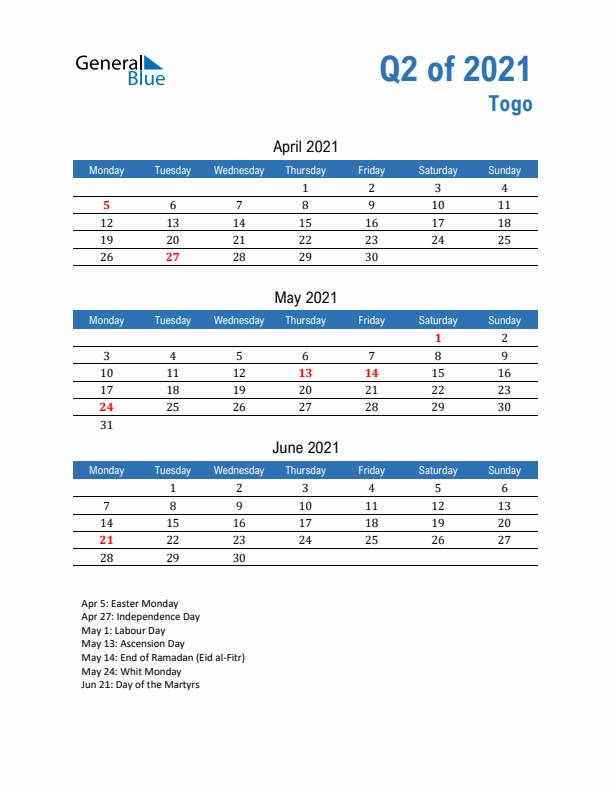 Togo Q2 2021 Quarterly Calendar with Monday Start