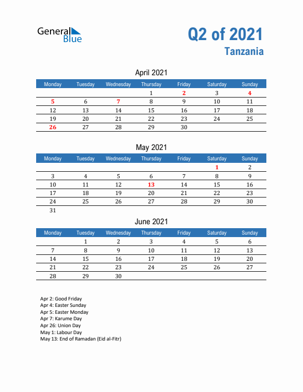 Tanzania Q2 2021 Quarterly Calendar with Monday Start