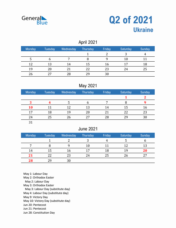 Ukraine Q2 2021 Quarterly Calendar with Monday Start