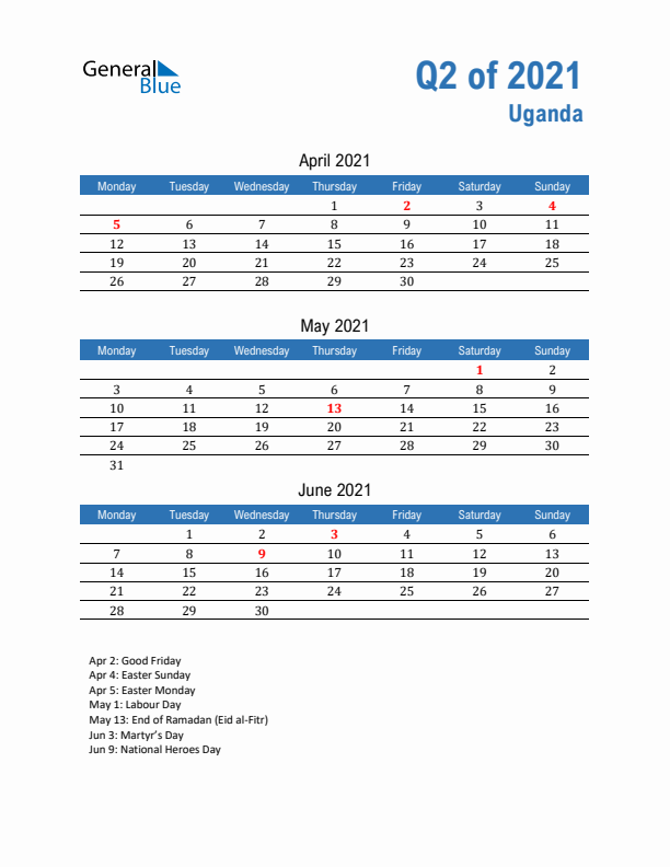 Uganda Q2 2021 Quarterly Calendar with Monday Start