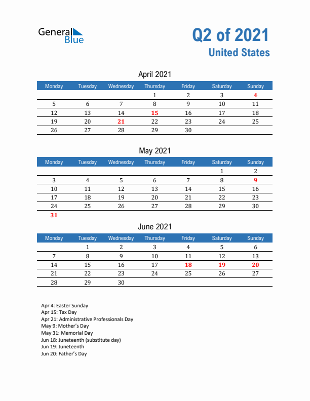 United States Q2 2021 Quarterly Calendar with Monday Start