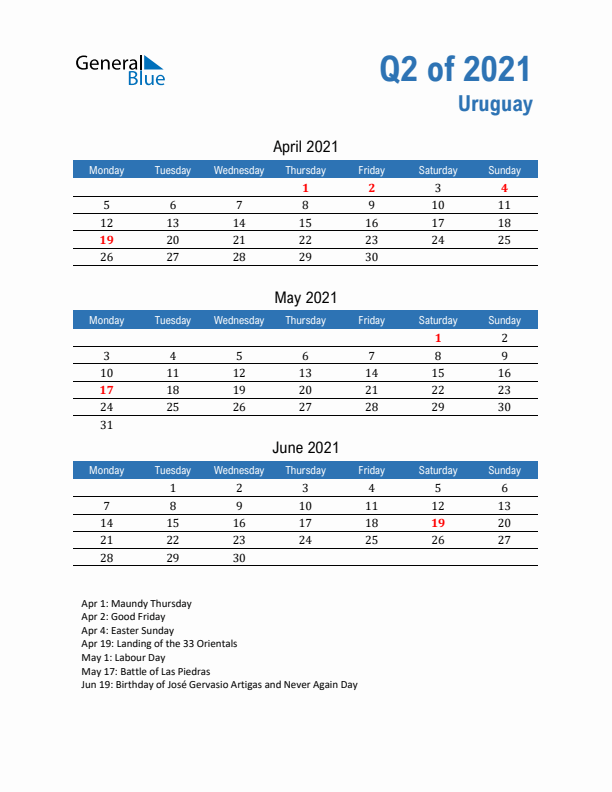 Uruguay Q2 2021 Quarterly Calendar with Monday Start