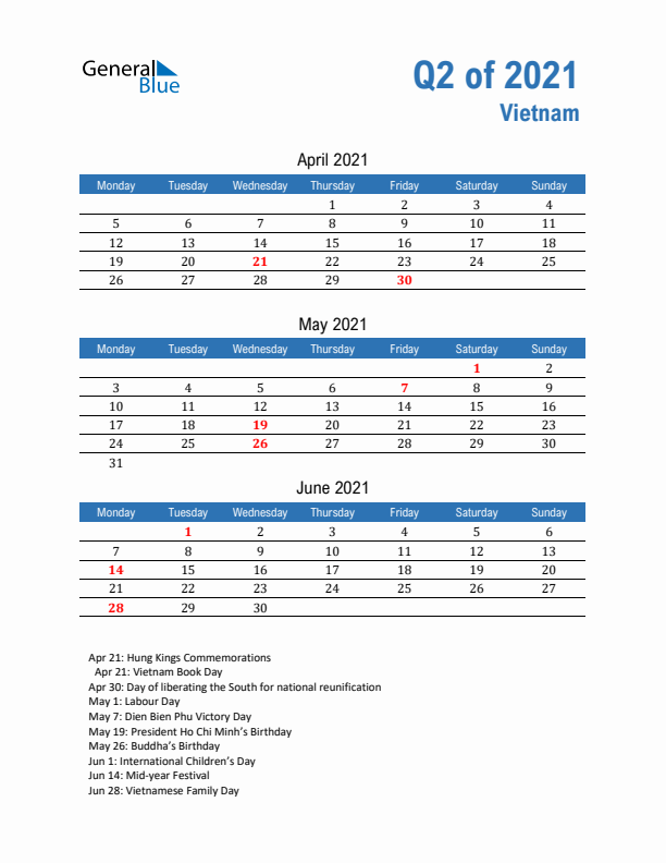 Vietnam Q2 2021 Quarterly Calendar with Monday Start