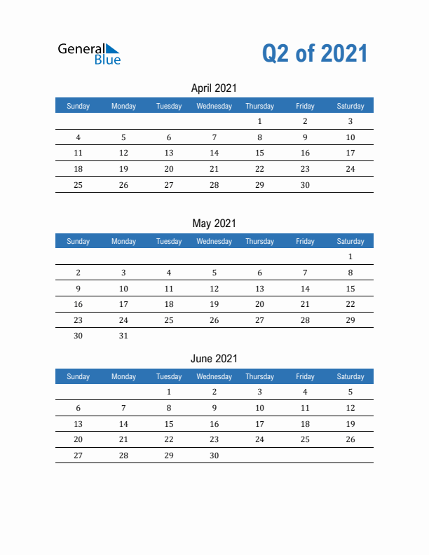 Fillable Quarterly Calendar for Q2 2021