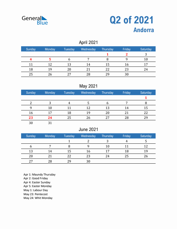 Andorra Q2 2021 Quarterly Calendar with Sunday Start