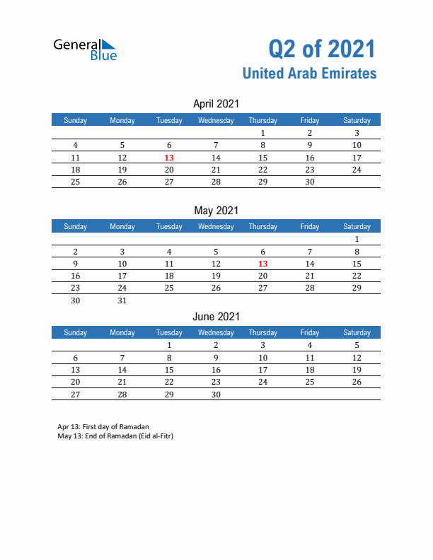 United Arab Emirates Q2 2021 Quarterly Calendar with Sunday Start