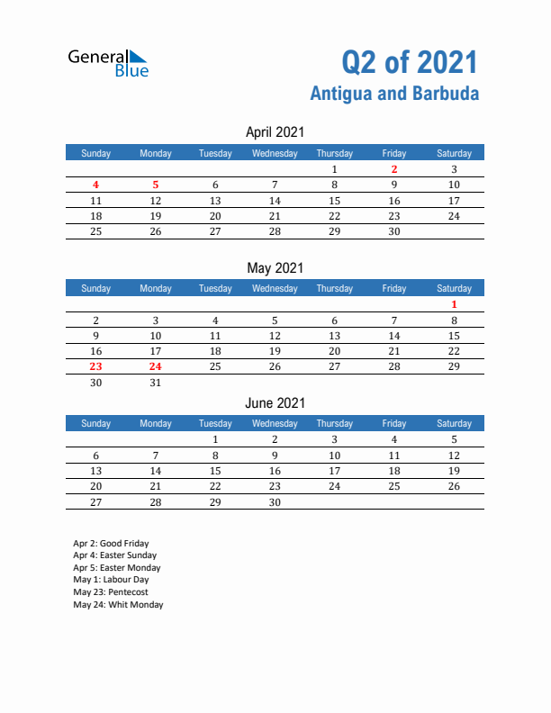 Antigua and Barbuda Q2 2021 Quarterly Calendar with Sunday Start