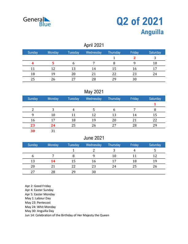 Anguilla Q2 2021 Quarterly Calendar with Sunday Start