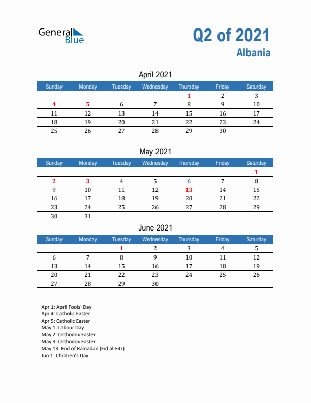 Albania Q2 2021 Quarterly Calendar with Sunday Start