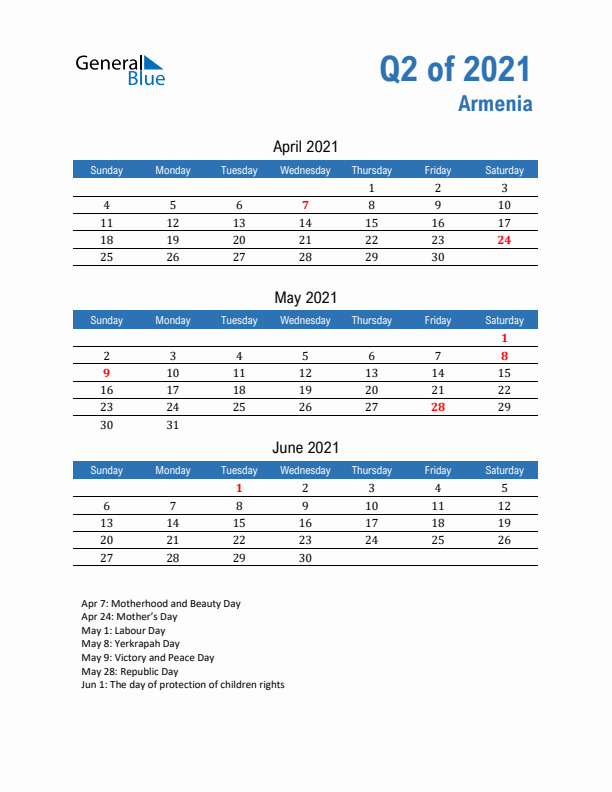 Armenia Q2 2021 Quarterly Calendar with Sunday Start