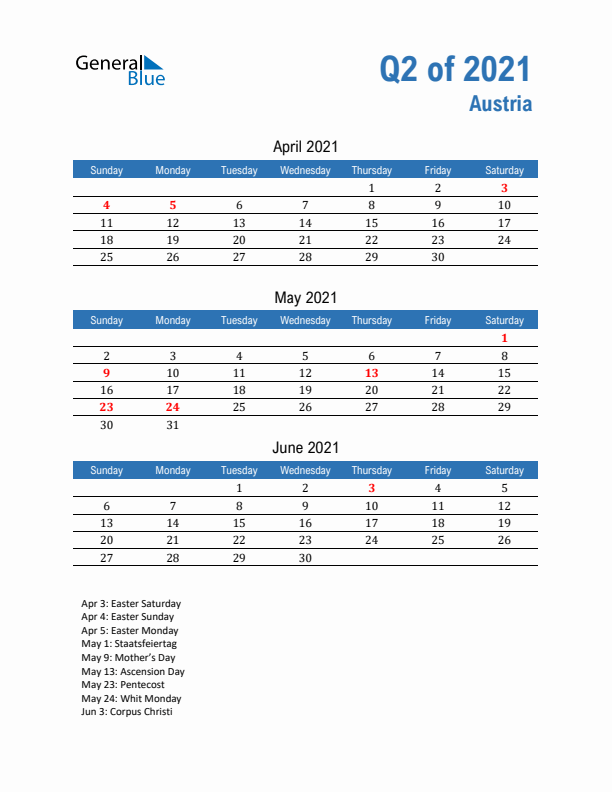 Austria Q2 2021 Quarterly Calendar with Sunday Start