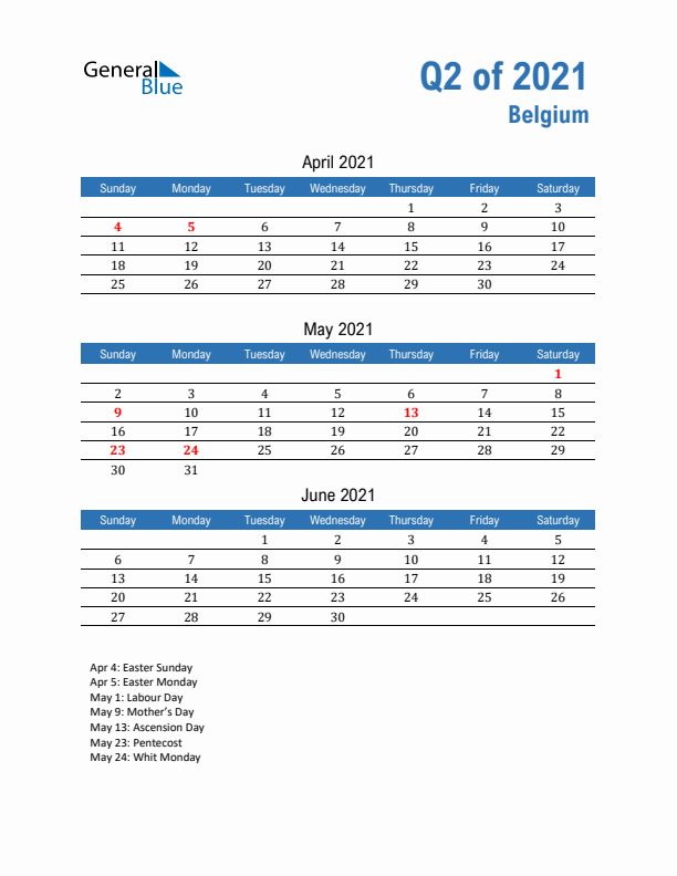 Belgium Q2 2021 Quarterly Calendar with Sunday Start