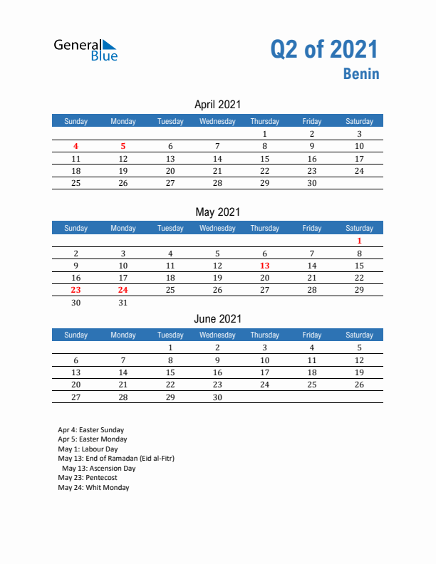 Benin Q2 2021 Quarterly Calendar with Sunday Start