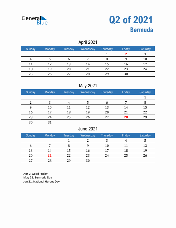 Bermuda Q2 2021 Quarterly Calendar with Sunday Start