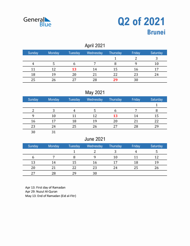 Brunei Q2 2021 Quarterly Calendar with Sunday Start