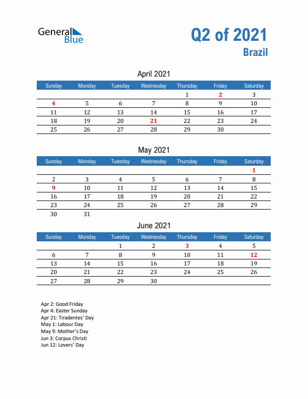 Brazil Q2 2021 Quarterly Calendar with Sunday Start