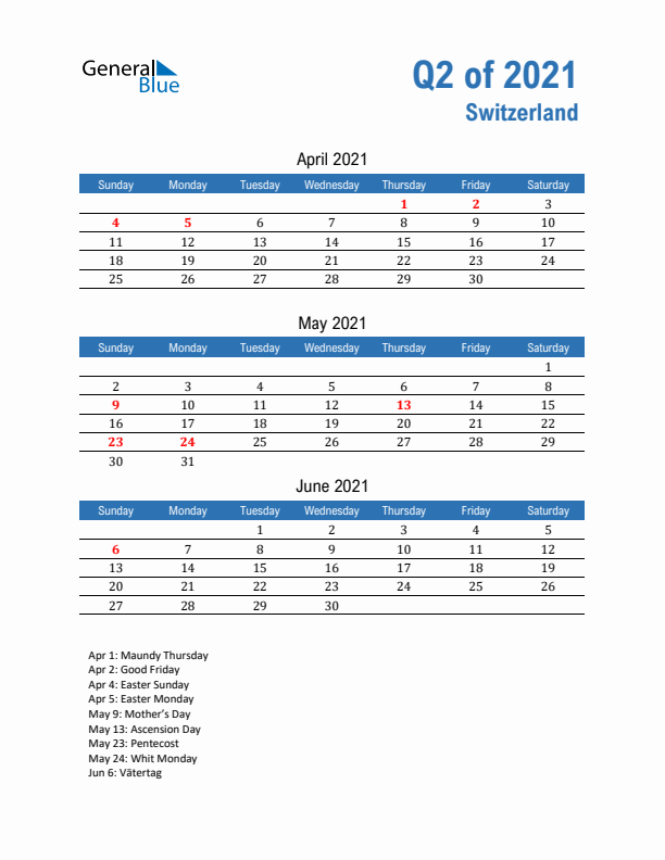 Switzerland Q2 2021 Quarterly Calendar with Sunday Start