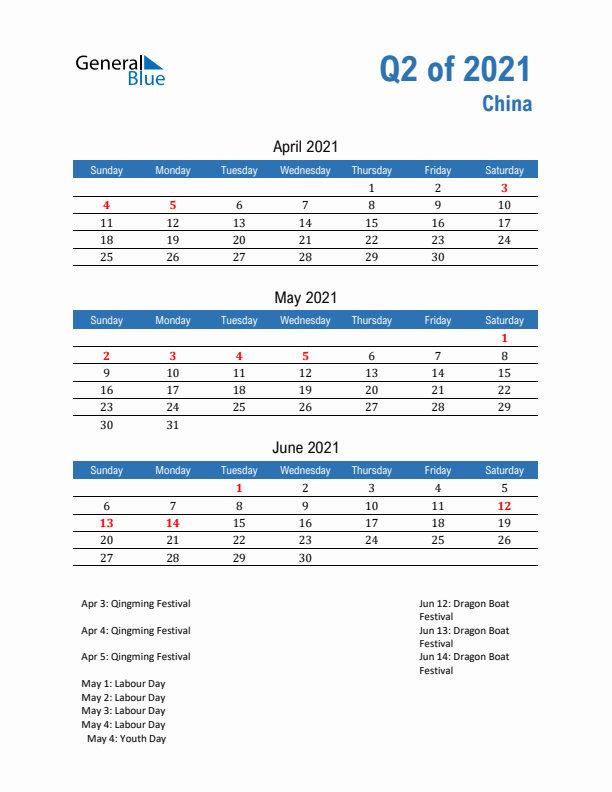 China Q2 2021 Quarterly Calendar with Sunday Start