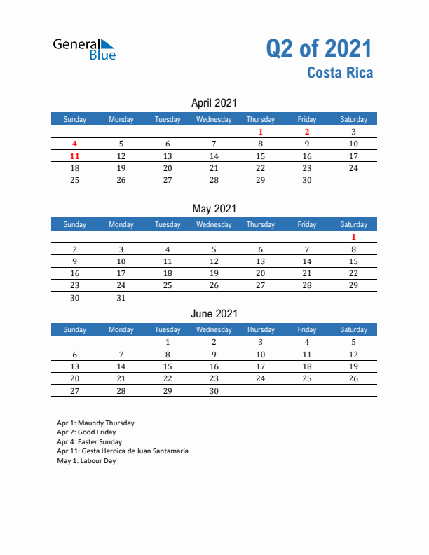 Costa Rica Q2 2021 Quarterly Calendar with Sunday Start