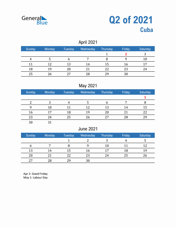 Cuba Q2 2021 Quarterly Calendar with Sunday Start